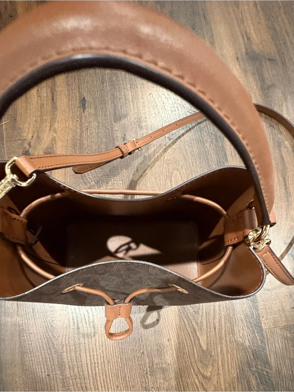 Michael Kors Brown Monogram Drawstring Crossbody Bag with Tan Trim